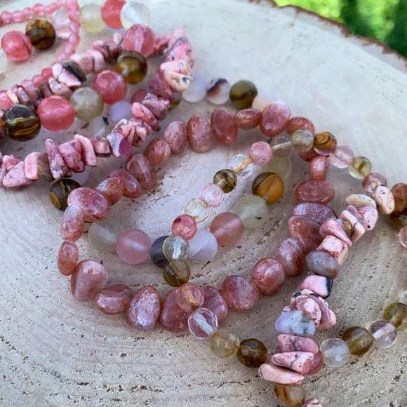 Natural Fire Cherry Quartz & Pink Rhodonite Gemstone Mixed Bead Bracelet Stack - Picture 6 of 10